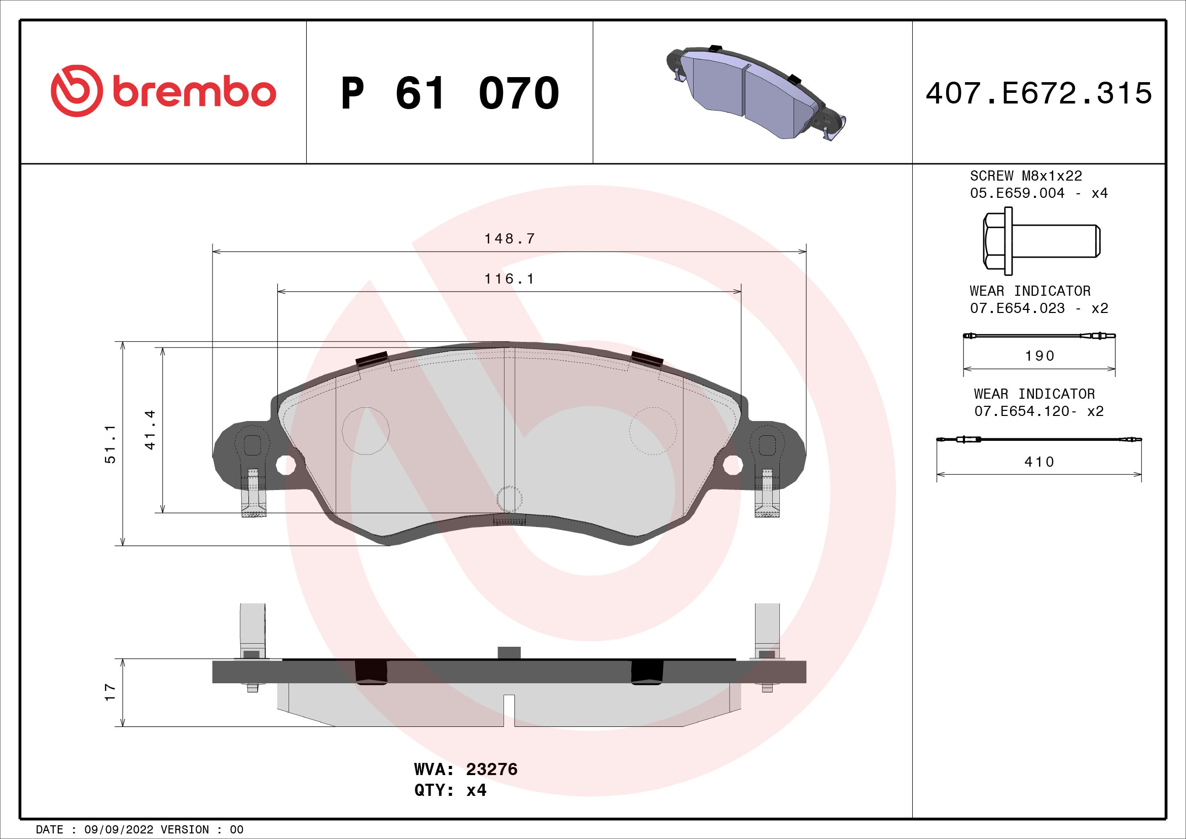 A.B.S. P 61 070 BREMBO Bremsbelagsatz, Scheibenbremse